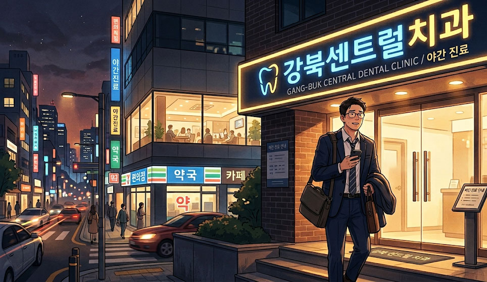 시청역 직장인 교정 강북센트럴치과 – 퇴근 후 치과를 방문하는 직장인 일러스트